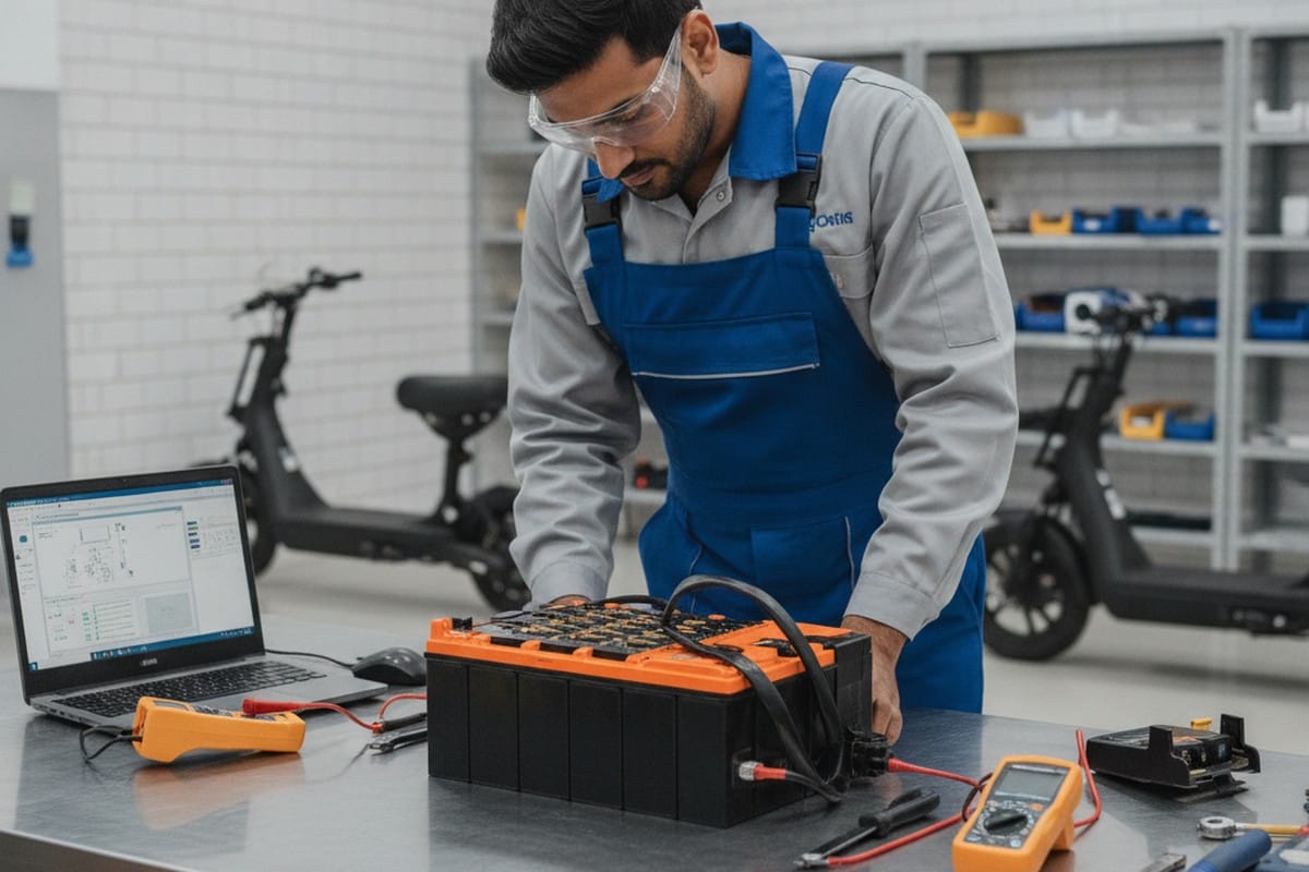 Lithium-ion battery pack inspection at an electric scooter service centre in India