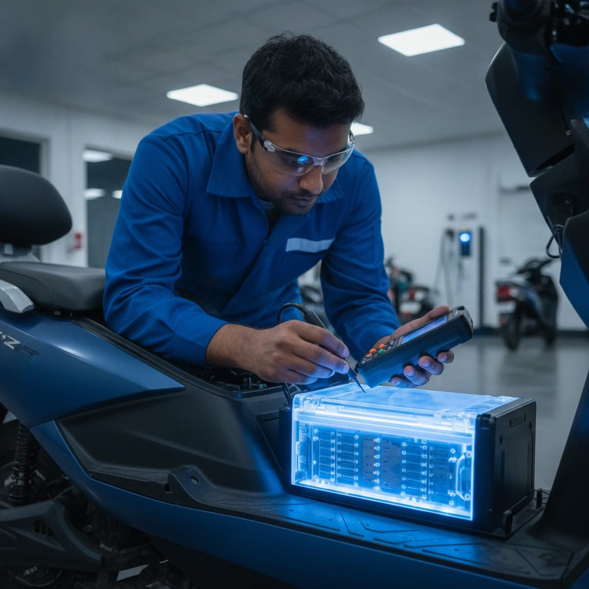 Indian EV service technician checking electric scooter battery pack in workshop