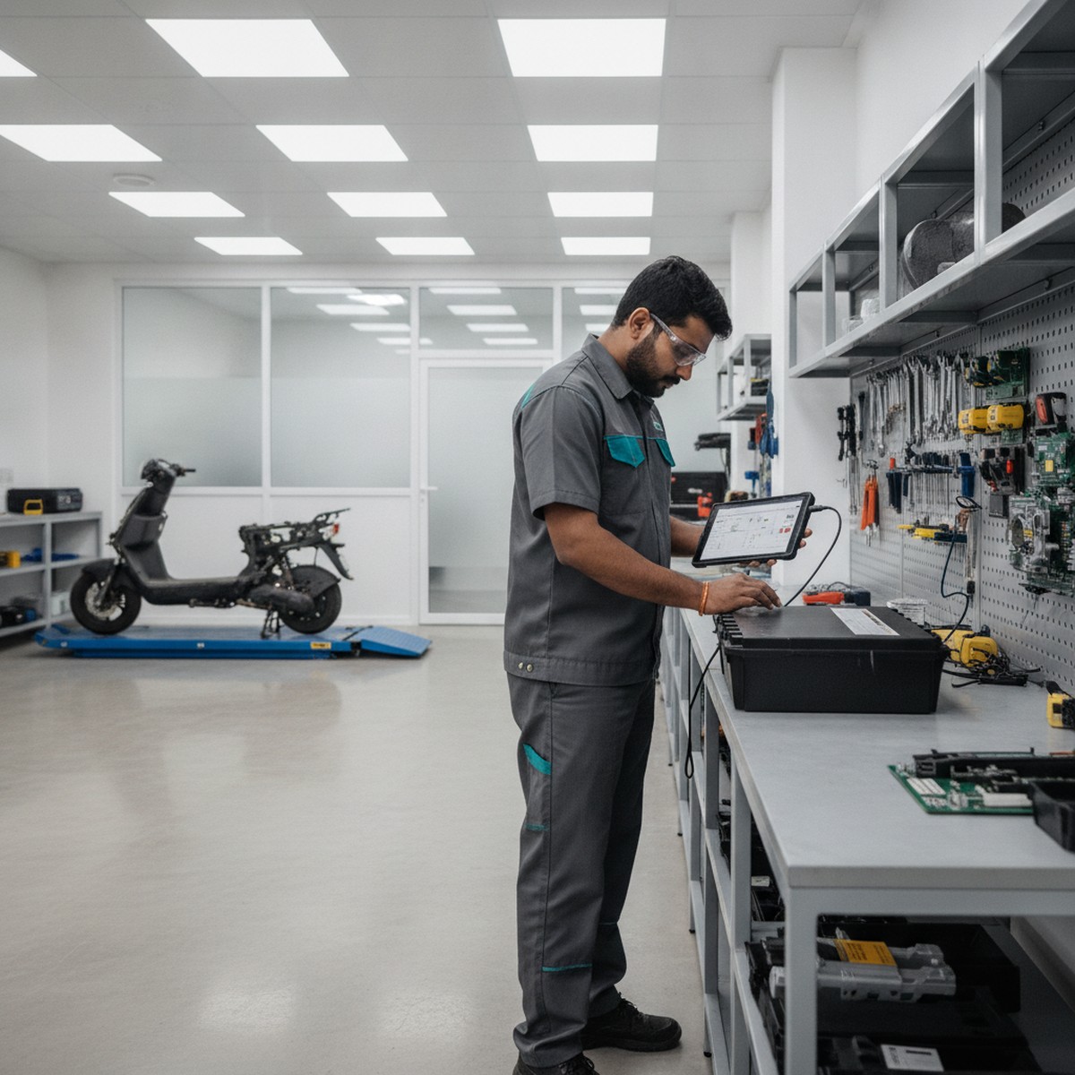 EV technician inspecting an electric scooter battery at an authorized service center in India
