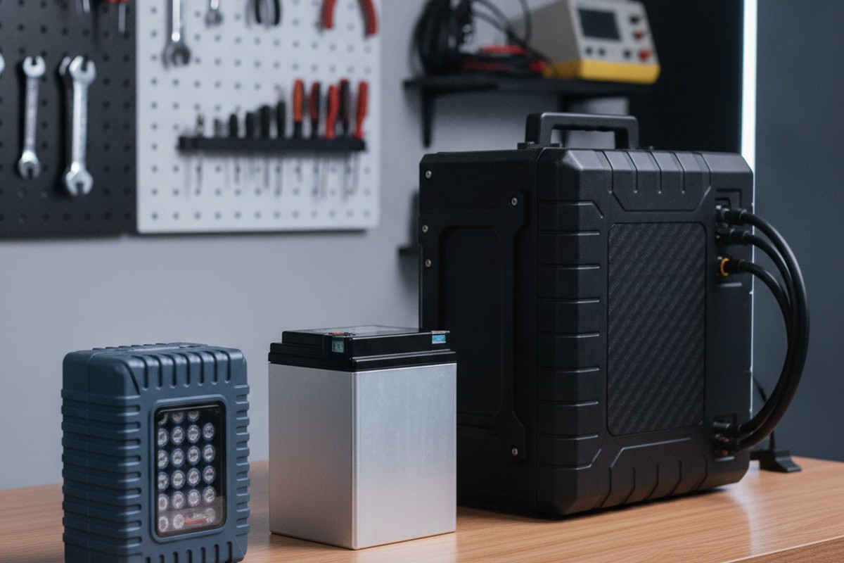 Electric scooter battery packs of different sizes in an Indian service workshop