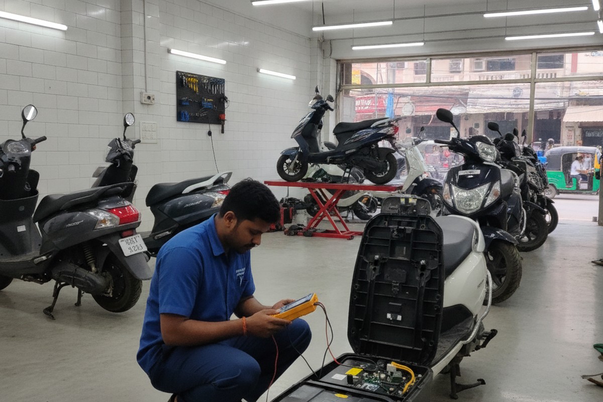 EV service technician checking electric scooter BMS at an Indian service center
