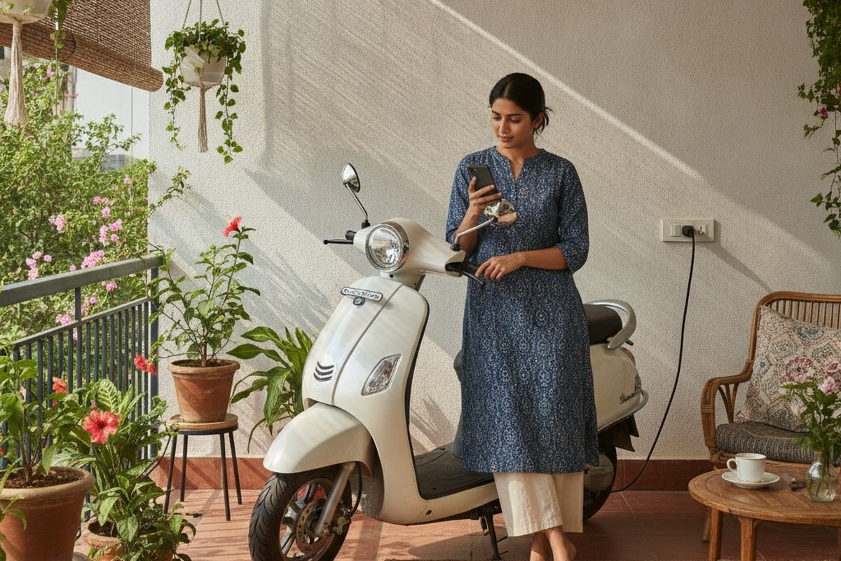 Woman checking phone while electric scooter charges at home in India