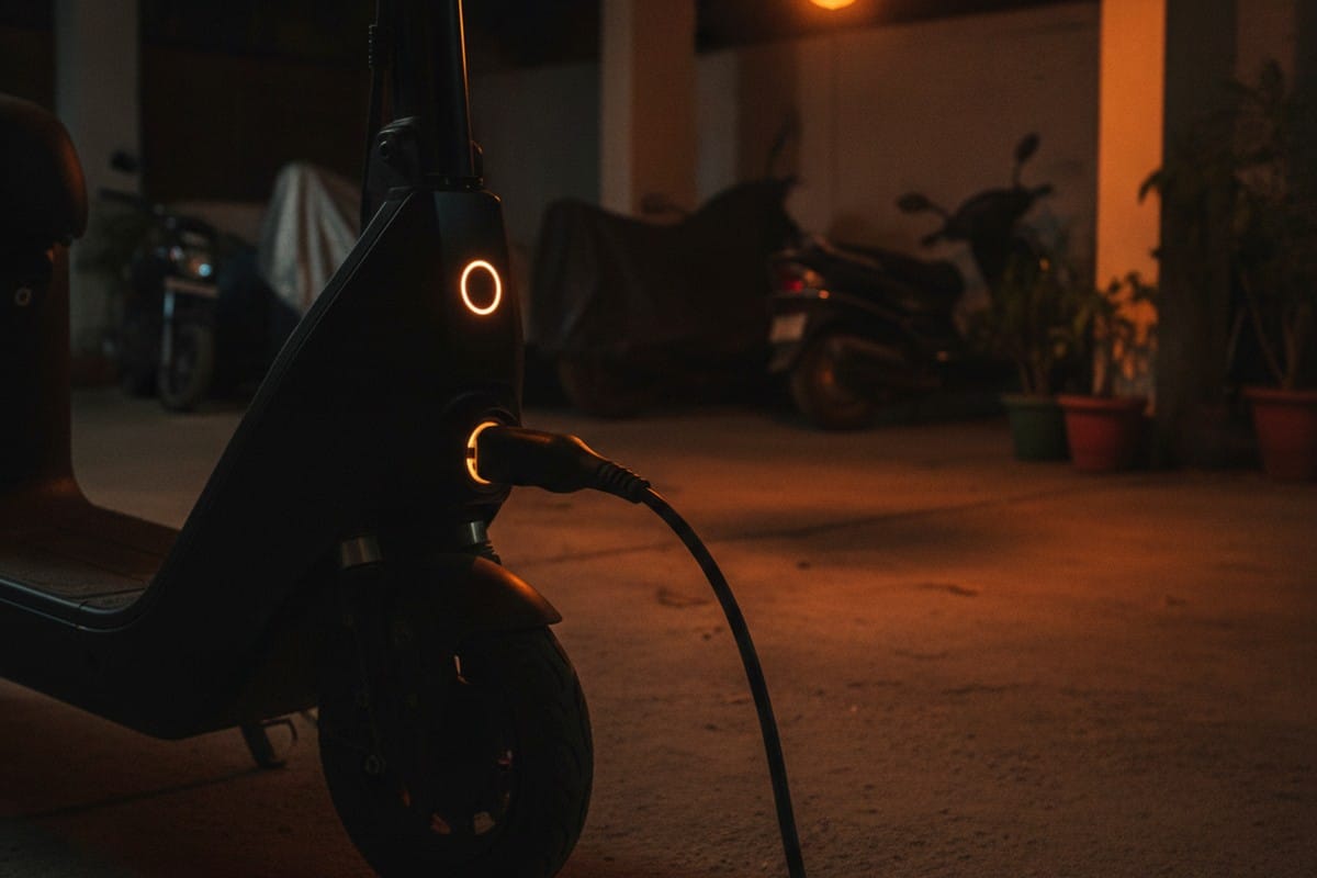 Electric scooter plugged into a standard home charging socket in an Indian residential parking area at night