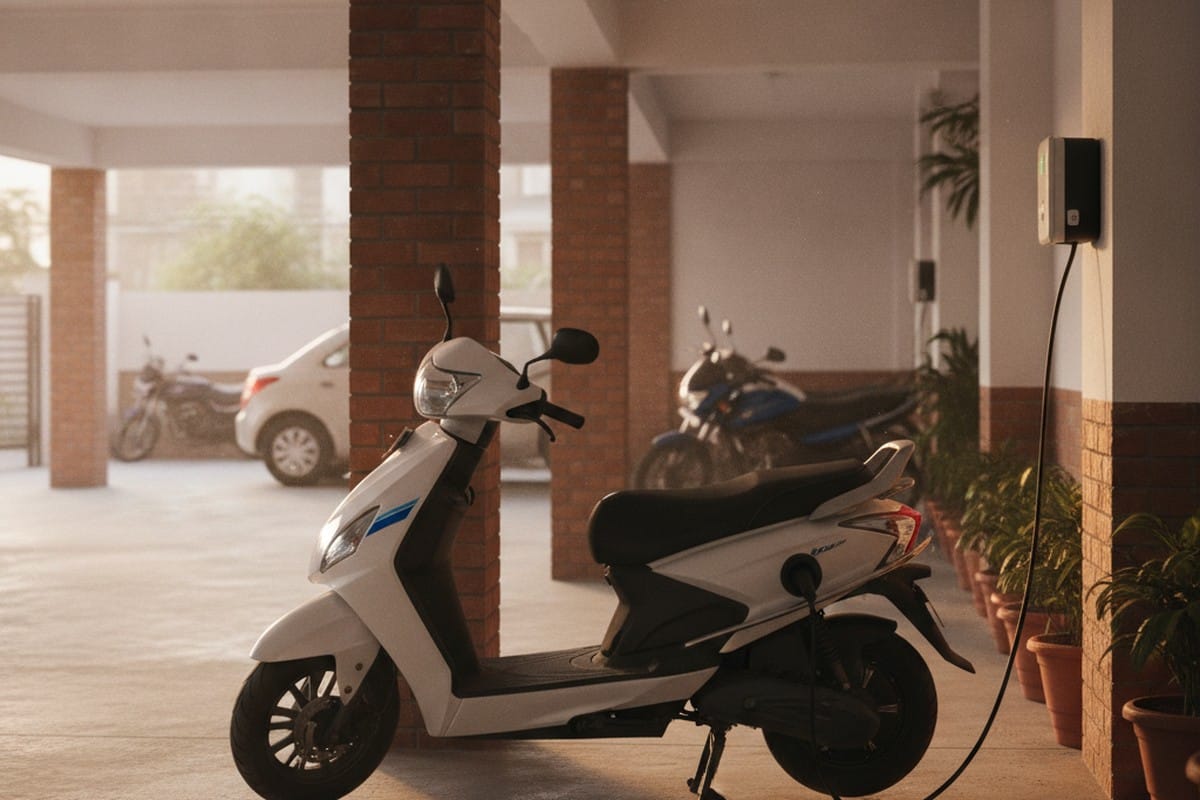 Electric scooter plugged into charging point at home in India