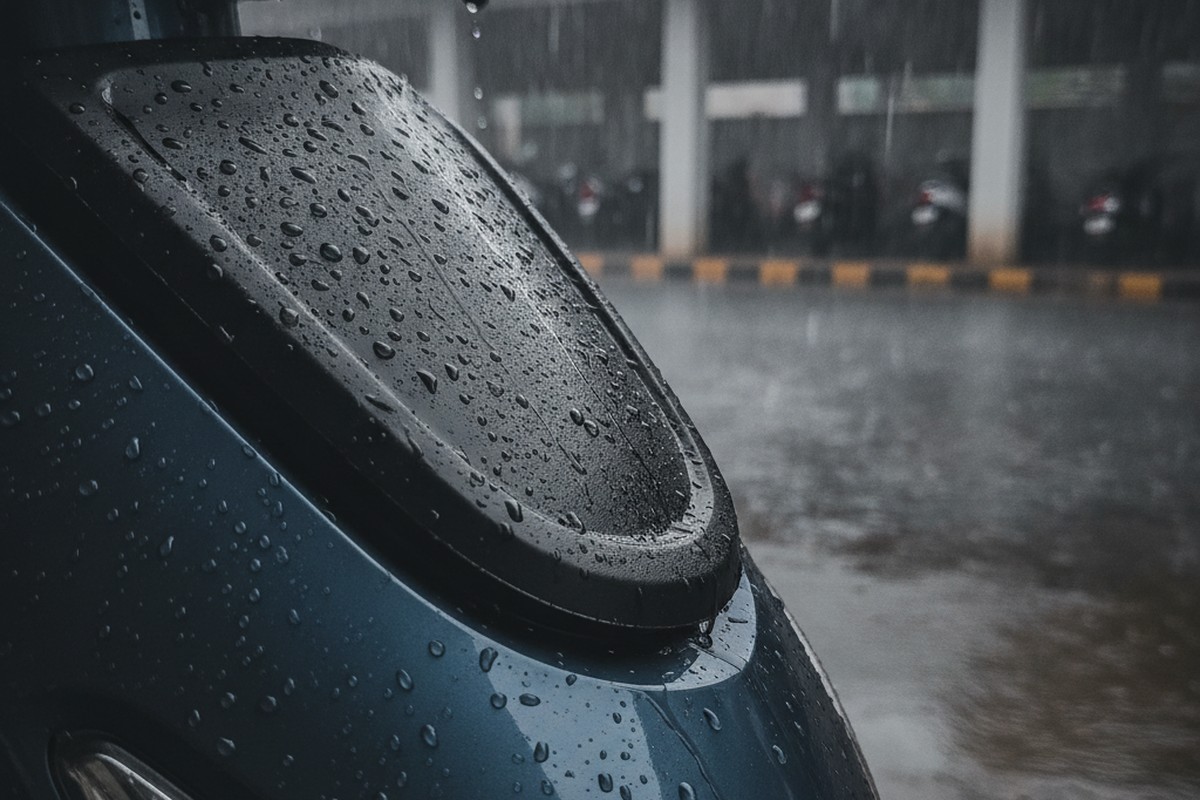Sealed charging port on electric scooter during monsoon rain in India