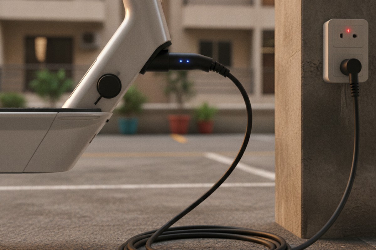 Close-up of an electric scooter charging port connected in an Indian housing society parking lot