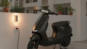 Electric scooter plugged in for home charging in an Indian residential parking area at night