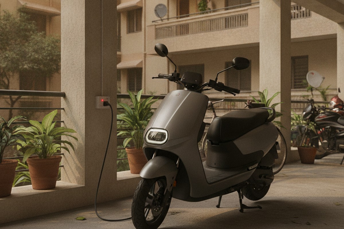Electric scooter charging at home in Indian apartment setting