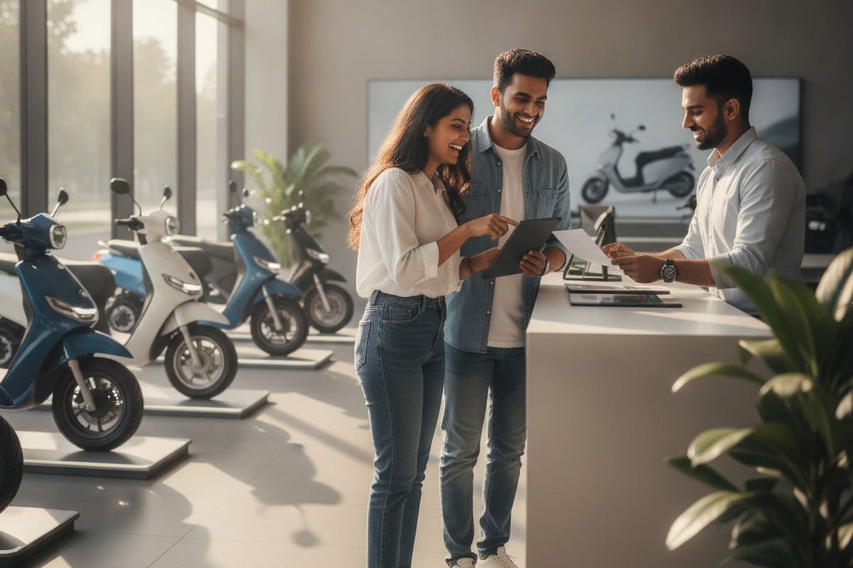 Indian buyers at an electric scooter dealership, reviewing EV purchase details
