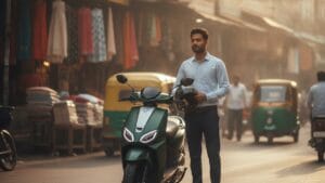 Modern electric scooter parked on a vibrant Indian city street at sunrise, commuter about to ride