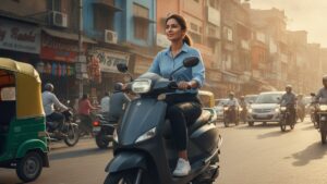Indian professional commuting on electric scooter through busy city street