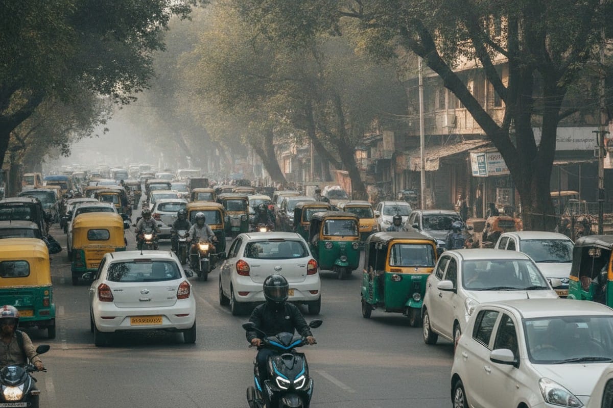 Electric scooter riding through Indian city traffic for daily commute