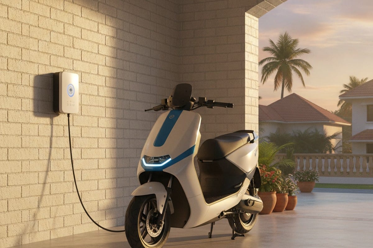 Electric scooter charging at home in India, showing convenience of EV ownership