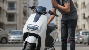 Indian buyer examining electric scooter to understand resale value before purchase