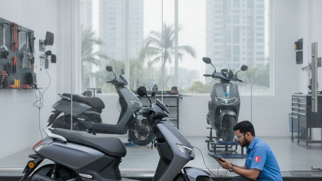 Electric scooter service inspection at an authorized centre in India