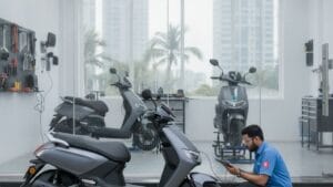 Electric scooter service inspection at an authorized centre in India