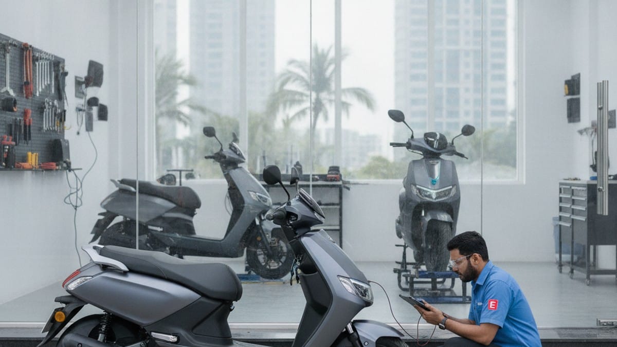 Electric scooter service inspection at an authorized centre in India