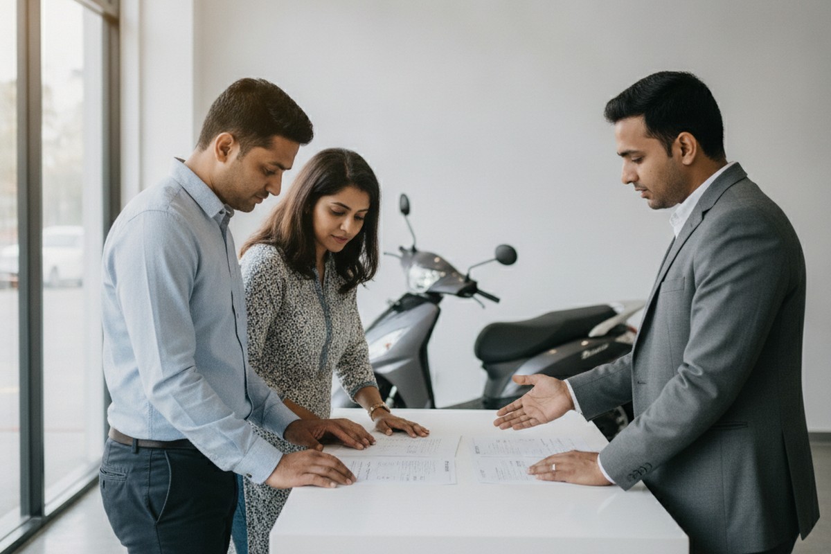 Indian couple at electric scooter dealership reviewing warranty documents