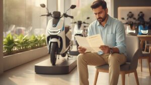 Indian buyer reviewing electric scooter warranty document at dealership in India