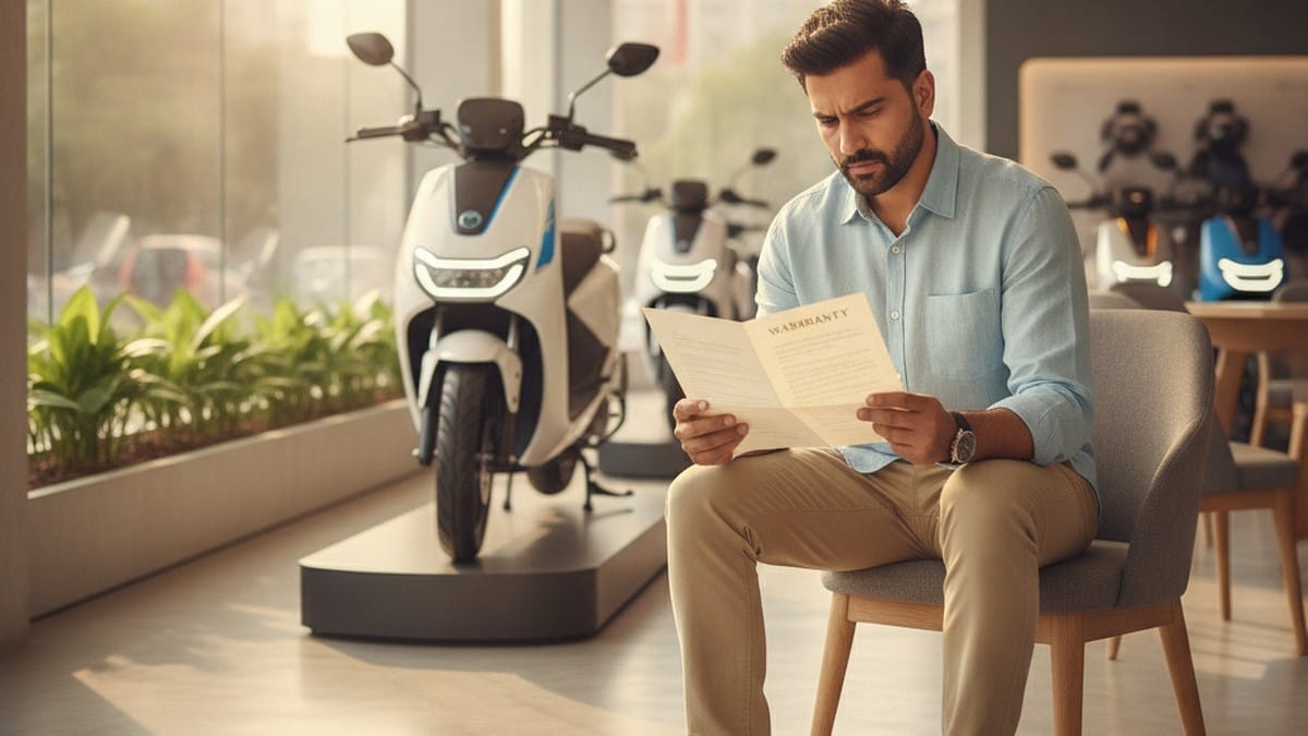 Indian buyer reviewing electric scooter warranty document at dealership in India