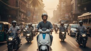 Indian commuter on electric scooter in city traffic