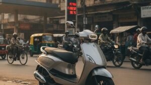 Electric scooter parked on Indian city street with petrol pump in background