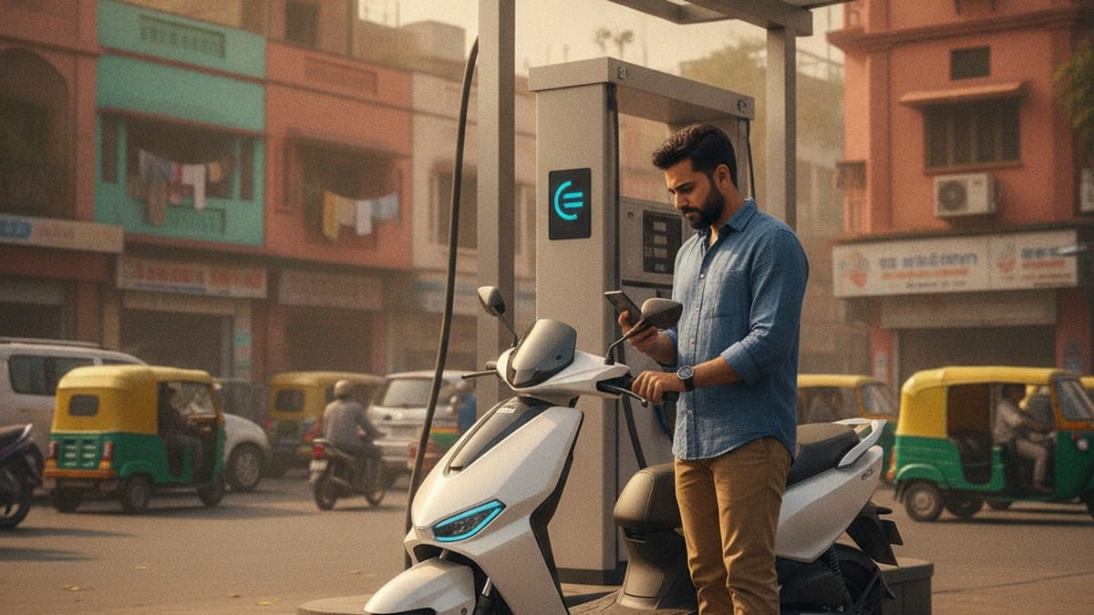 Indian man comparing costs between electric and petrol scooter at a petrol pump in India