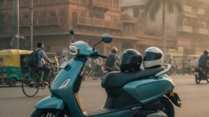 Electric scooter parked on Indian city street with two helmets — representing family use