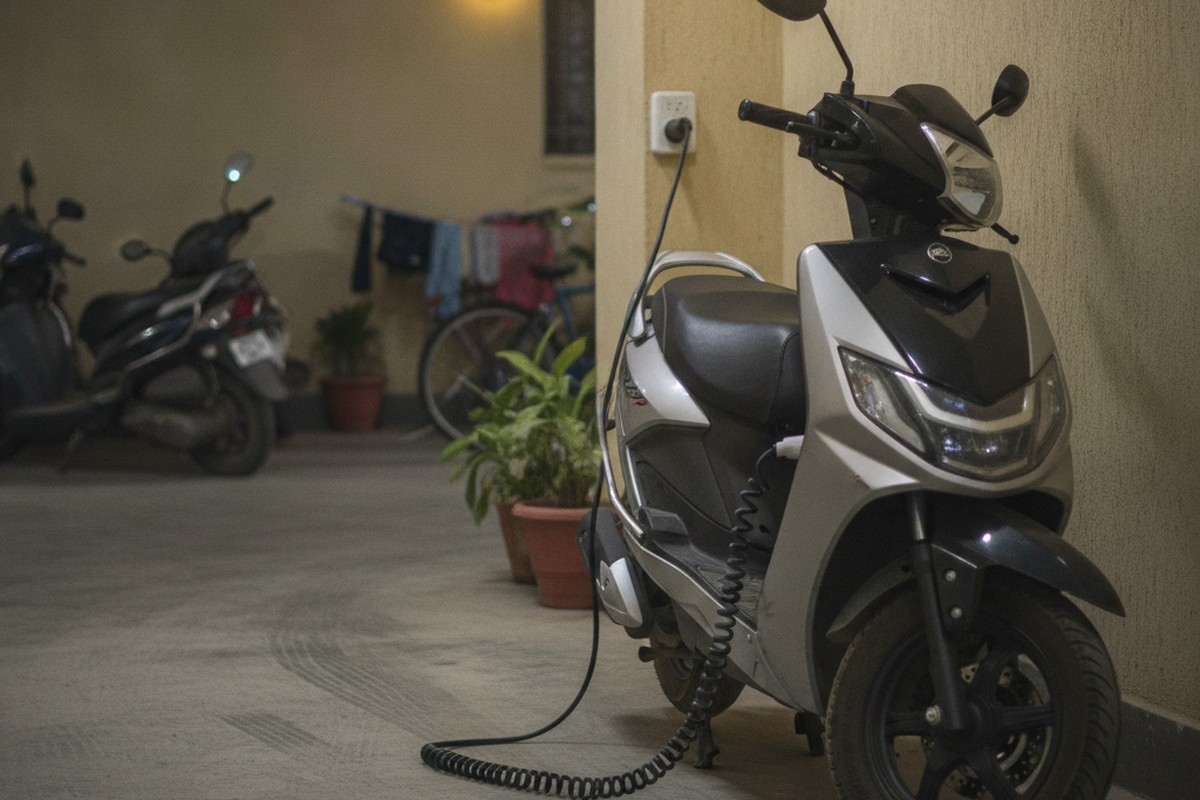 Electric motorcycle charging at an Indian apartment parking area — the overnight charge that powers a full delivery shift