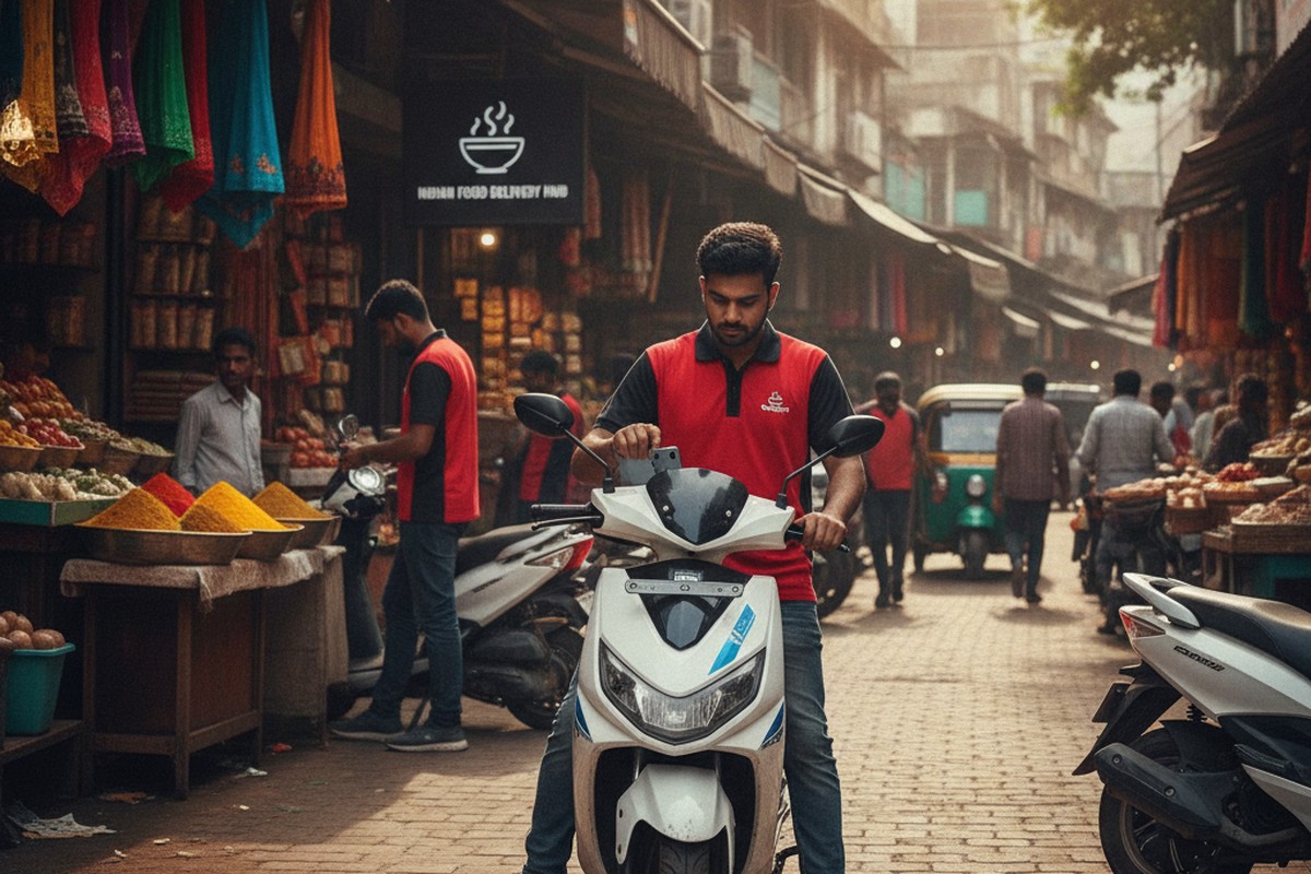 Delivery rider on electric scooter checking smartphone navigation at an Indian delivery hub