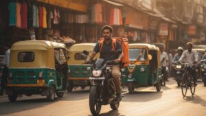 Delivery rider on an electric motorcycle on Indian city streets