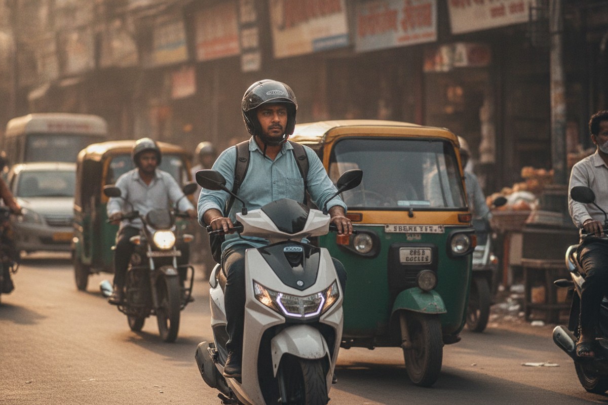 Indian commuter riding electric scooter through a busy city street