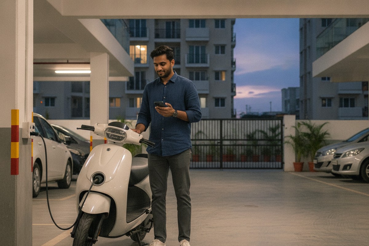 Indian commuter checking phone while electric scooter charges overnight in apartment parking