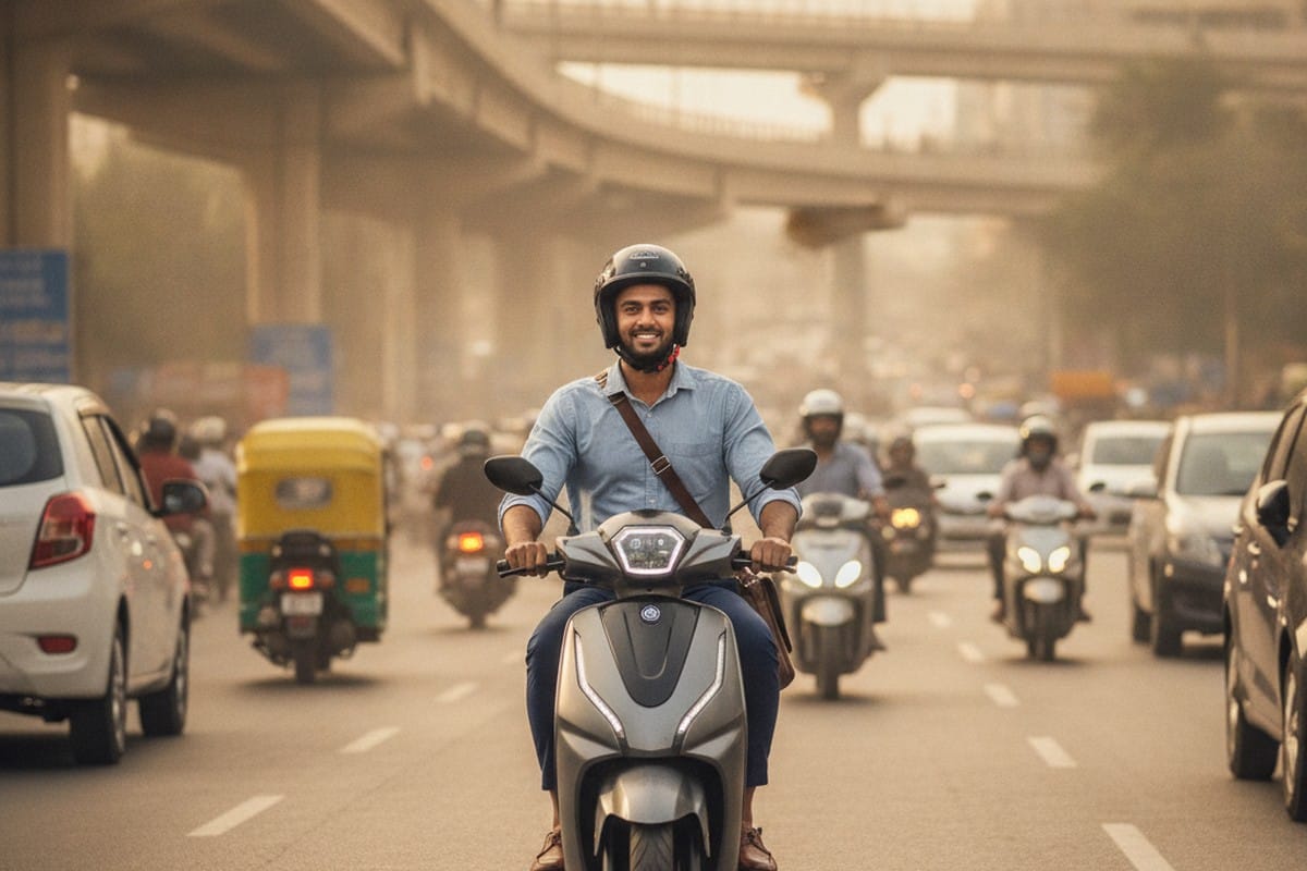Young Indian professional riding an electric scooter through busy morning traffic in an Indian city