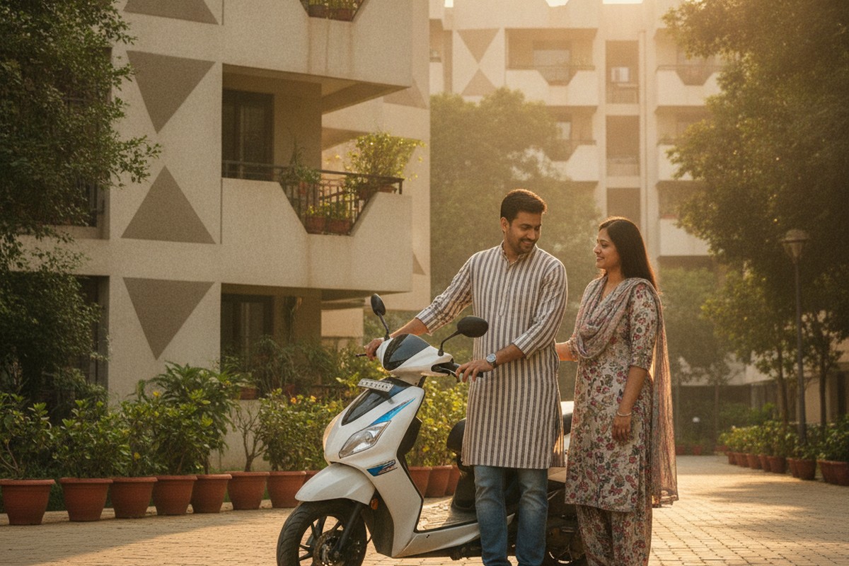 Indian couple with electric scooter parked outside apartment building in India
