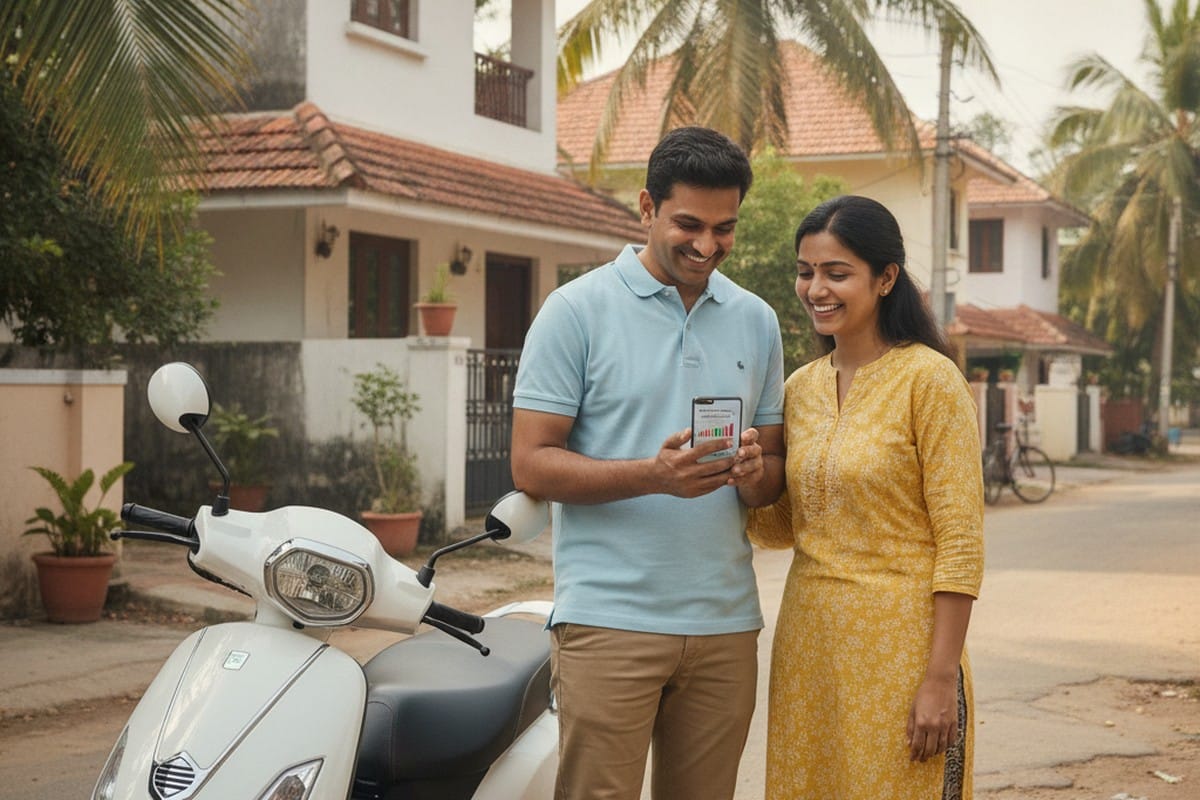 Indian family with electric scooter, representing monthly savings and practical EV ownership in India