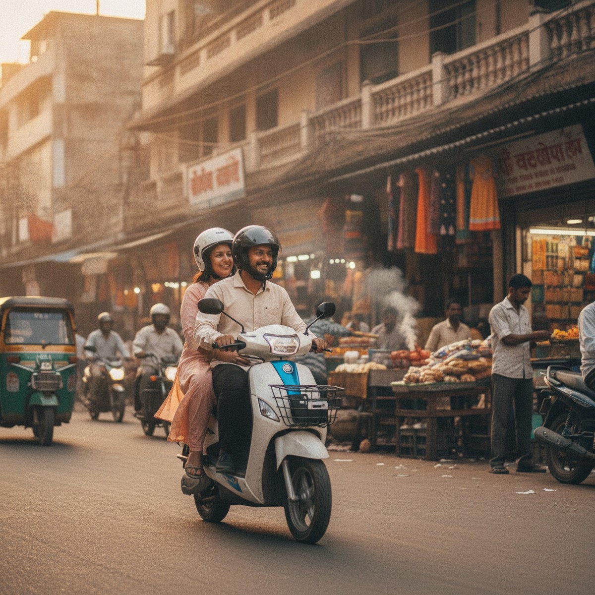 Indian couple riding electric scooter together through city streets — family commute