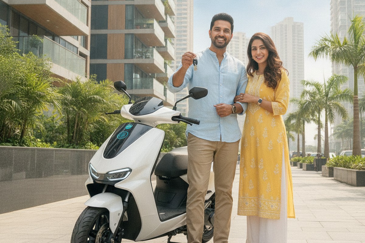 Happy Indian couple with their new electric scooter outside an urban apartment