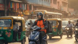 Indian delivery rider on an electric scooter in busy city traffic in India