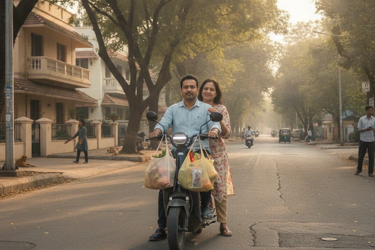 Electric scooter pillion riding on Indian city road, demonstrating two-person commuting in urban India