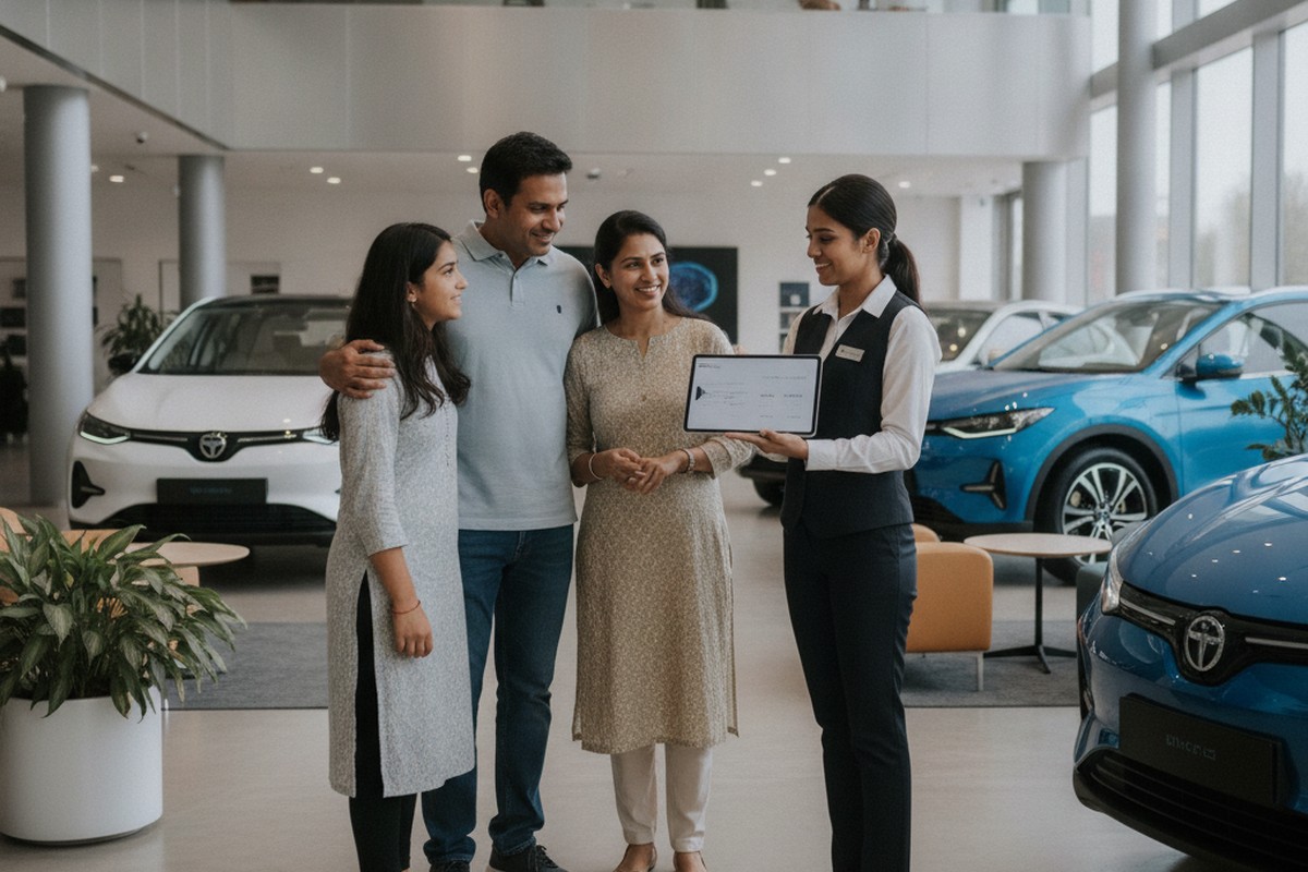 Indian family at an electric scooter dealership exploring subsidy and pricing options