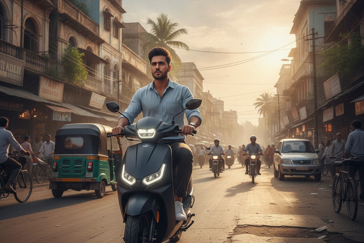 Indian professional riding an electric scooter on city roads for daily office commute