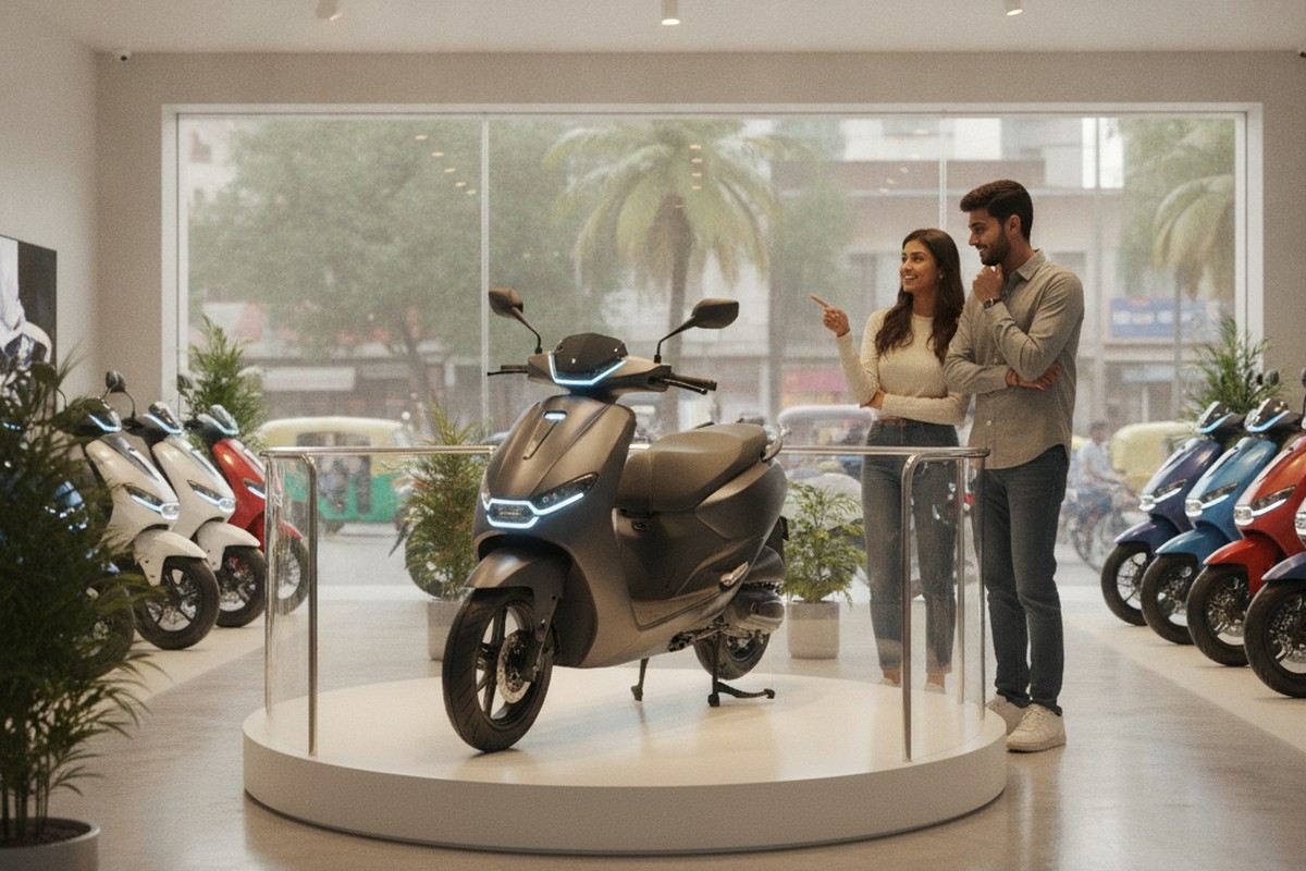 Modern electric scooter showroom in India with new EV models on display