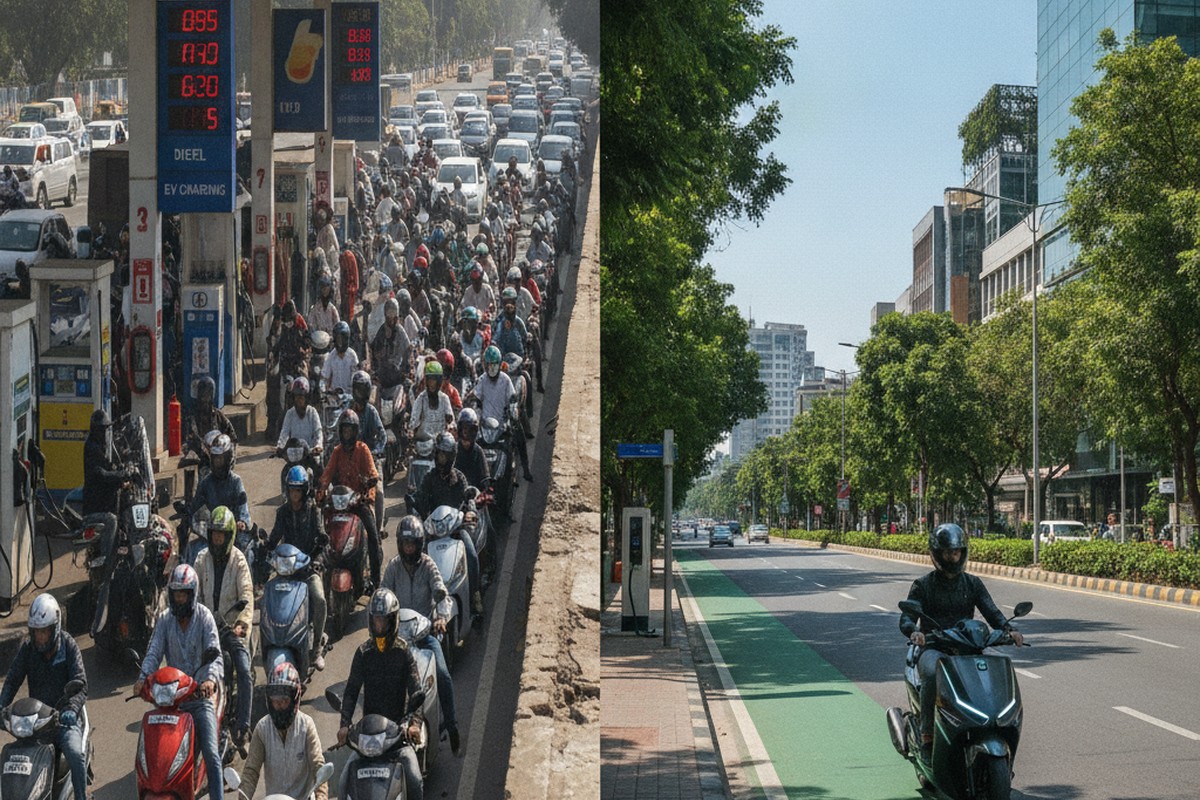 Petrol scooter at fuel queue vs electric scooter on open Indian road