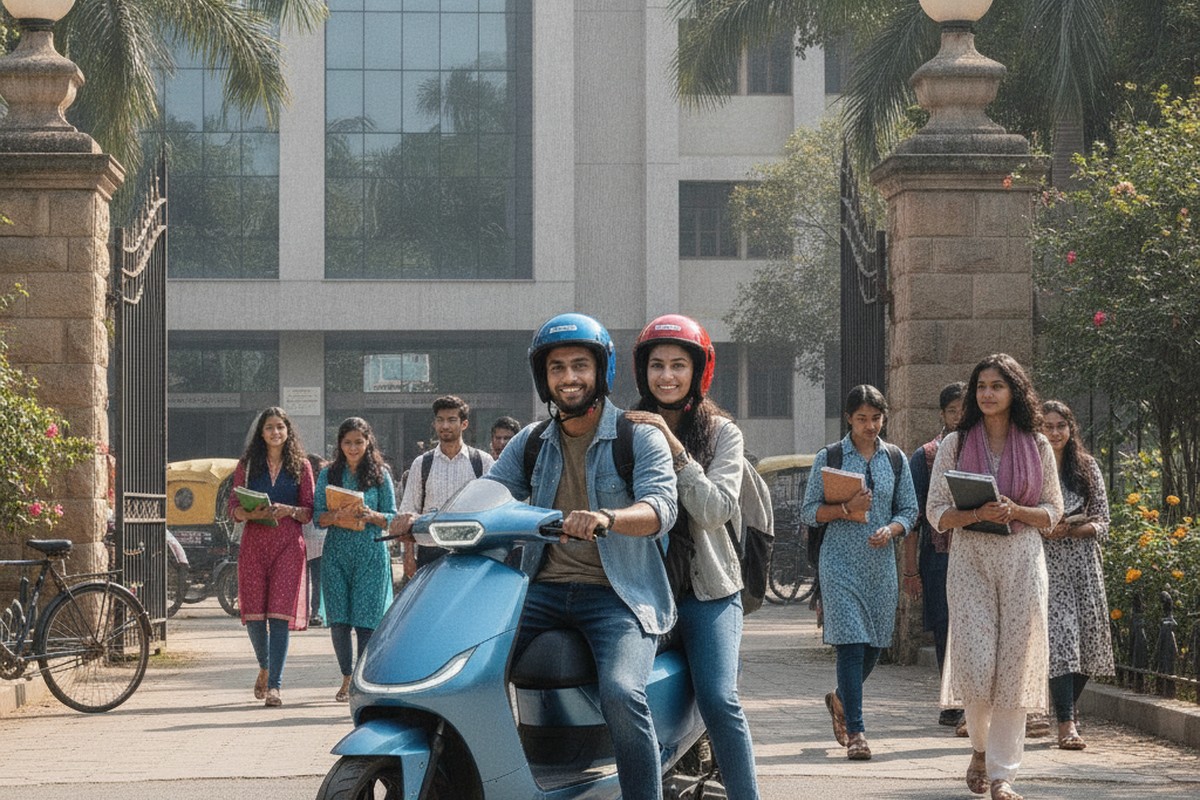 Two Indian college students on an electric scooter parked outside their college campus gate