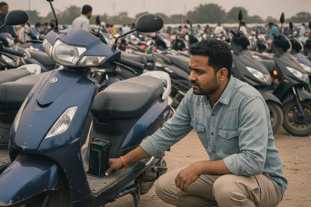 Indian buyer inspecting a used electric scooter at a secondhand vehicle market, uncertain expression