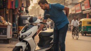 Indian buyer inspecting a used electric scooter in India