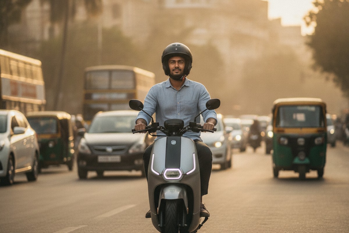 Young Indian professional commuting on an electric scooter in Mumbai city traffic