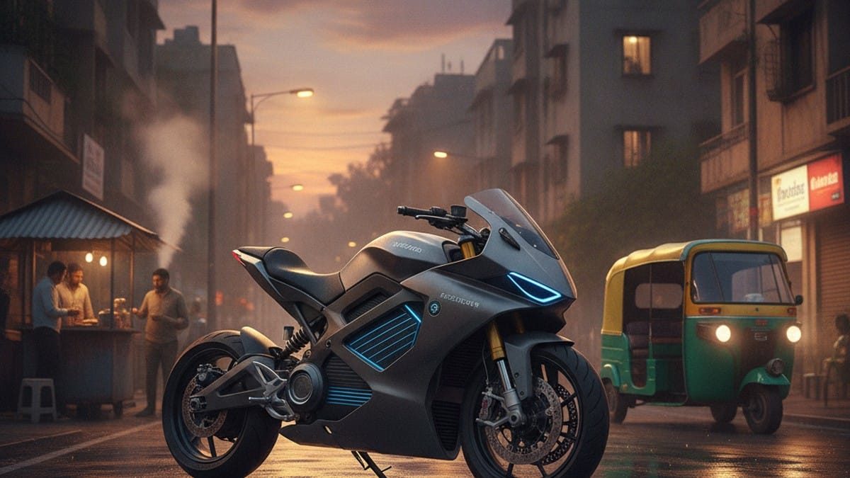 Electric motorcycle parked on a rain-wet Indian city street at dusk