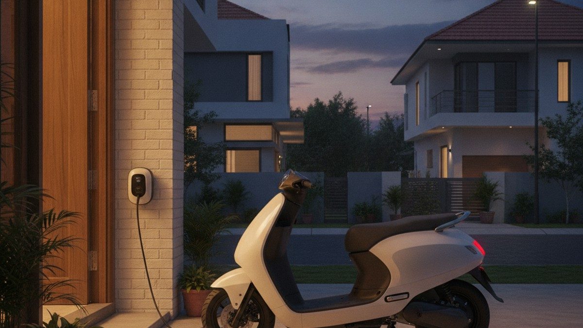 Electric scooter charging at home in Indian urban driveway at dusk